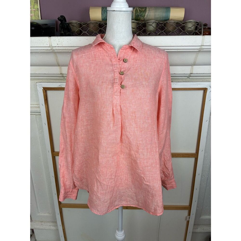 Sigrid Olsen Coral Pure Linen Shirt w/wooden buttons convertible sleeves